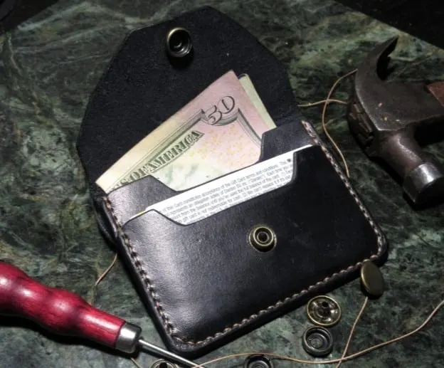 Minimalist leather wallet with flap Button snap slim leather wallet